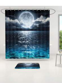1 pièce/4 pièces Ensemble de salle de bain motif lac sous clair de lune avec rideaux de douche multifonctions (12 crochets), tapis de bain, tapis en U, housse de siège de toilette ronde, adapté à tous les scénarios, rentrée scolaire