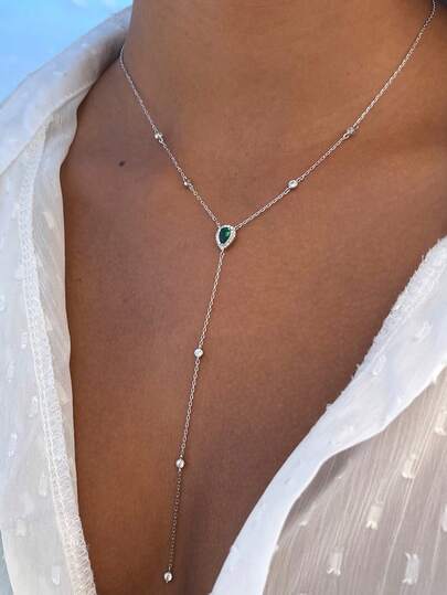 1pc Bohemian Style Green Crystal Beads Long Tassel Y Necklace, Women's Summer Beach V-Neck Clothing Accessory