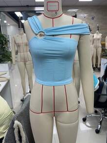 Women Ring Tank Tops Slim Solid Backless Crop Asymmetrical Shirts - Blue - View 8