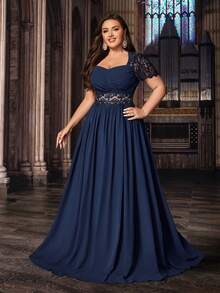 QOQ 高贵大码女式藏蓝色正式礼服优雅晚礼服派对礼服，适合生日派对、晚宴、婚礼宾客，蕾丝泡泡袖雪纺礼服，情人节春季款 - 藏蓝色 - 查看 4