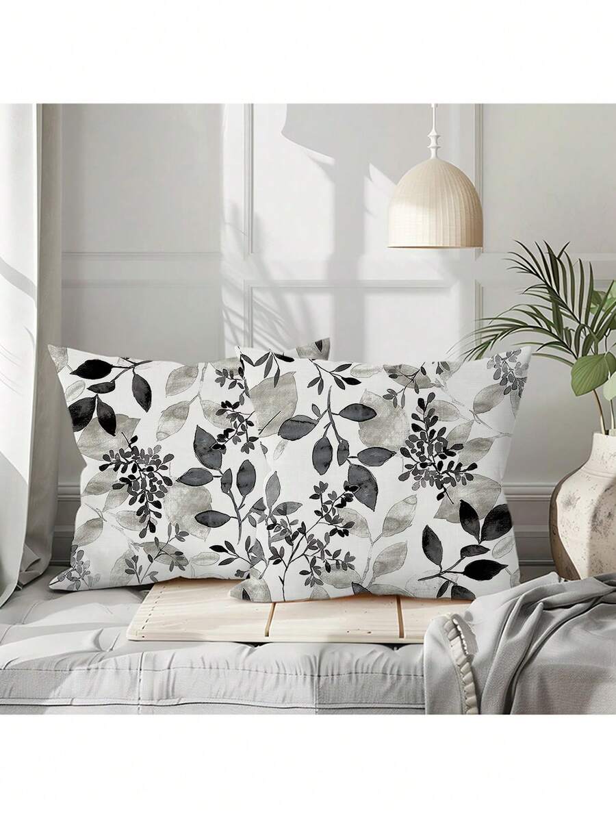 2 Stücke Boho Blatt Muster Kissenbezüge, 45cm x 45cm, super weicher Plüschpolyester Stoff, maschinenwaschbar mit Reißverschluss, geeignet für Sofa, Wohnzimmer, Schlafzimmer Dekoration, ohne Kissenfüllung, Boho Stil Kissenbezüge, dekorative Kissenbezüge (Kissenfüllungen nicht enthalten) - Schwarz - Übersicht 1