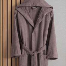 土耳其制造 - GÜVENAL EOS 男女款条纹棉质连帽浴袍 | 100% 纯棉 | M–L–XL | 新娘礼物、嫁妆、浴袍套装 - 棕色 - 查看 2