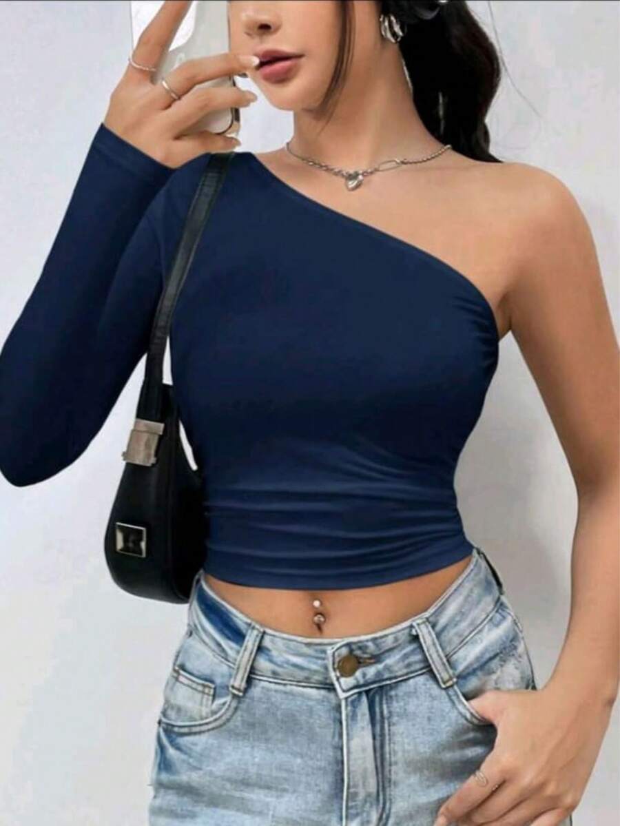 Women's Cropped Top T-Shirt Blouse With One-Shoulder Neckline Suplex Fabric Ideal For Going Out On Casual Romantic Elegant And Sophisticated Dates - 藏蓝色 - 查看 1