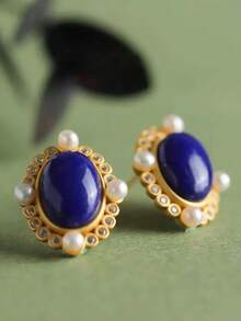 两对复古波西米亚青金石耳环，汉字耳环，具有记忆支撑、弹性保护和精神平衡的作用。铜/银/金色调仿天然石，招财纳福，女士时尚首饰，四季配饰。