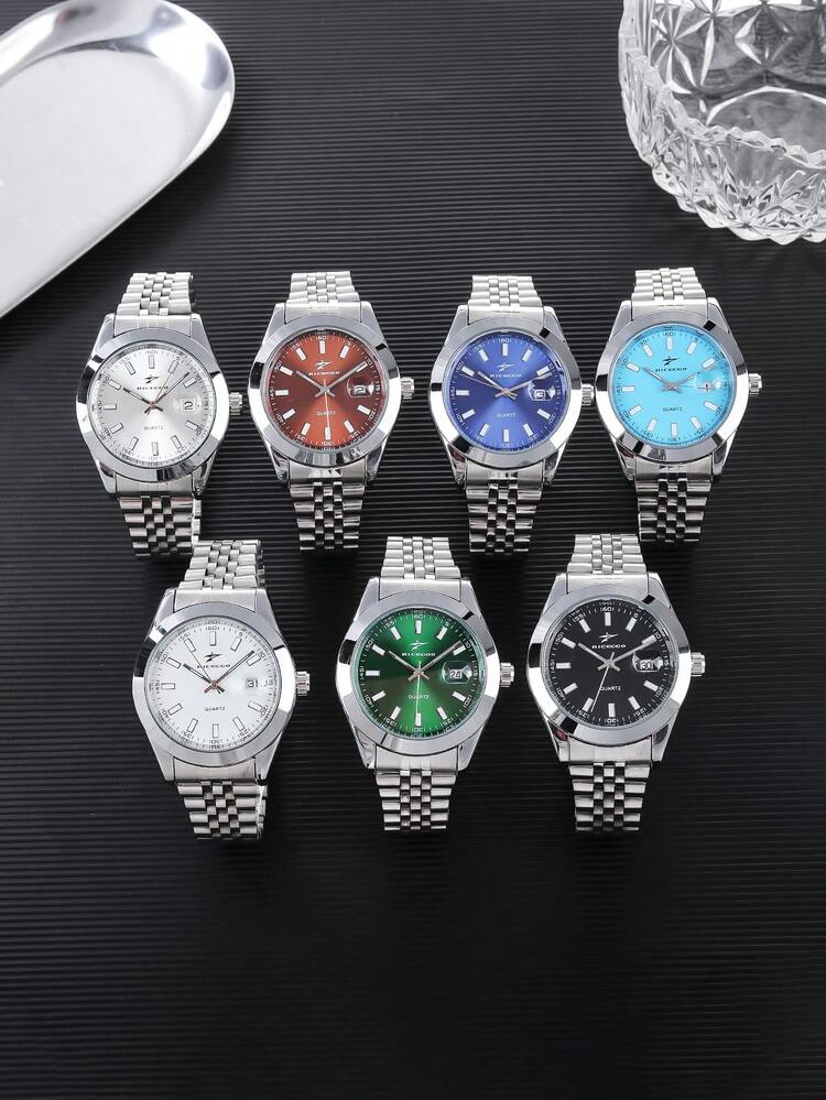 Reloj de cuarzo clásico para hombres RICECGO, estilo de negocios, esfera redonda, función de calendario, correa de acero inoxidable, adecuado para uso diario, un regalo ideal para cumpleaños u ocasiones especiales, también un reloj asequible para volver a la escuela - Plateado - Añade 1