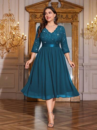 V-Neck Sequin Floral Lace 3/4 Sleeve Ruffle Hem Chiffon Formal Evening Party Dress, Elegant For Graduation, Prom, Wedding Guest, Suitable For Graduation Ceremony, Gala Dinner, Homecoming