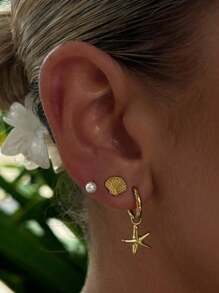 Ensemble exquis de 3 paires de boucles d'oreilles à tige coquille et étoile de mer. Boucles d'oreilles empilables, accessoires de femme, cadeau de fête