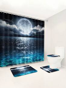 1 pièce/4 pièces Ensemble de salle de bain motif lac sous clair de lune avec rideaux de douche multifonctions (12 crochets), tapis de bain, tapis en U, housse de siège de toilette ronde, adapté à tous les scénarios, rentrée scolaire