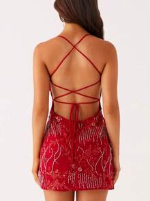 Womens Sequin Mini Dress Y2k Sparkly Floral Spaghetti Strap V Neck Bodycon Short Dress Sexy Backless Pearl Embellished Glitter Rhinestone Going Out Cami Dress Cocktail Party Club Streetwear - 紅色 - 查看 8