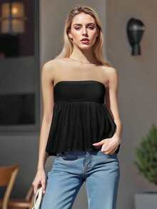 Women Cotton Strapless Bandeau Tube Top Ruffle Hem Off Shoulder Sleeveless Pleated Peplum Blouse Flowy Casual Going Out Tanks - màu đen - Xem 2