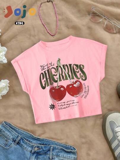 Novo estilo de verão, camiseta feminina de algodão puro, gola redonda, macia e confortável, esportiva, estilo universitário, manga curta, estilo de rua, desenho animado, cereja, estampa de slogan com letras