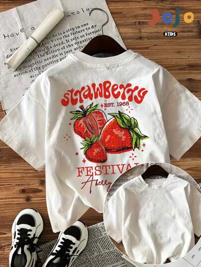 Camiseta esportiva infantil de algodão puro, macia e confortável, gola redonda, fofa, estilo universitário, manga curta, estampa de slogan com letras de frutas e morangos