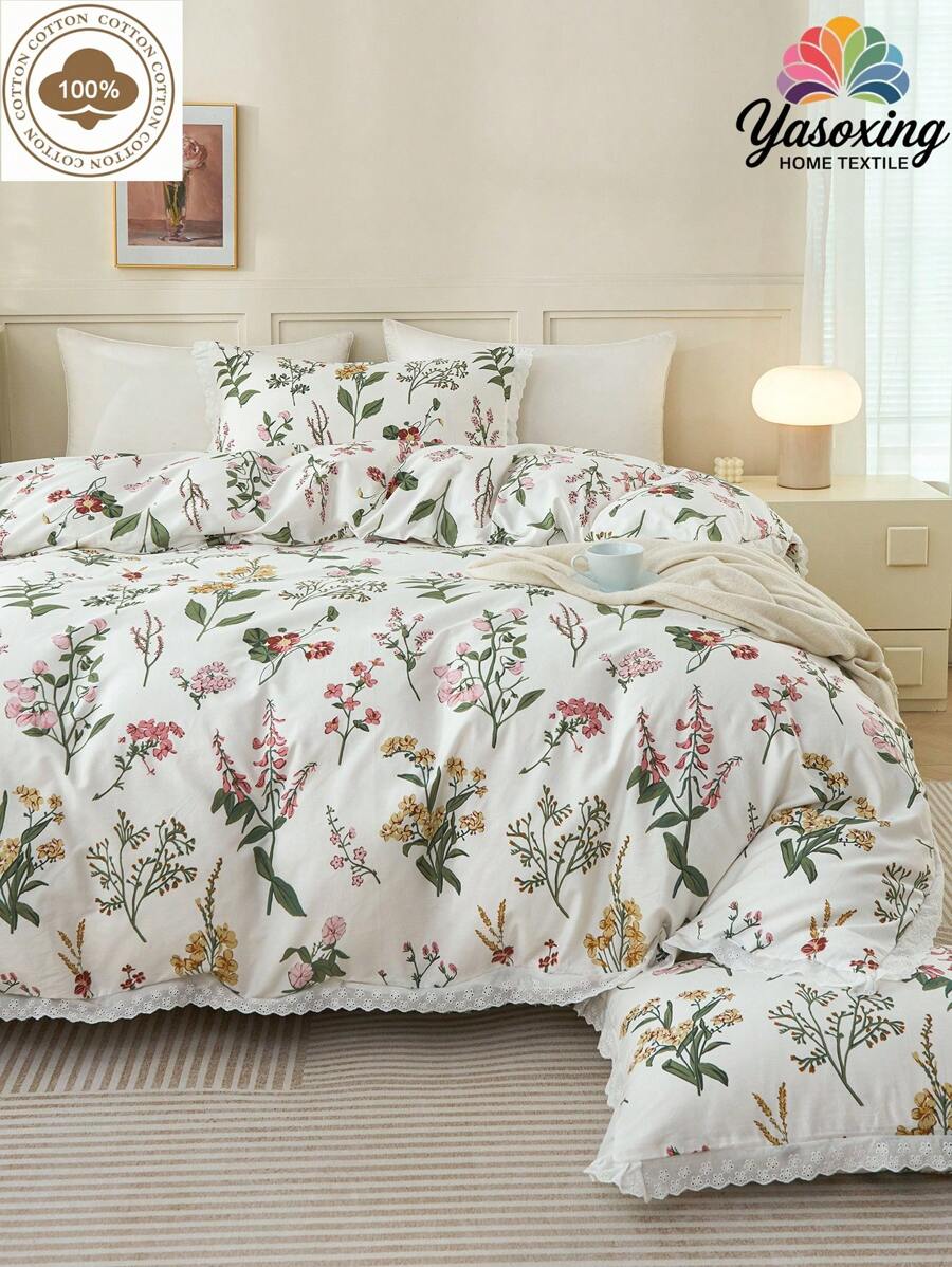 2 ou 3 pièces Ensemble de couette à motif d'imprimé de feuilles vertes et de fleurs roses avec bordure à volants 100% coton, respirant, ultra doux, toutes saisons (1 pièce*Couette + 1 ou 2 pièces*Taie d'oreiller, sans oreiller), design bicolore doux pour chambre à coucher et chambre d'amis, Saint-Valentin, poids léger, tailles lit King, Queen, Full, Twin