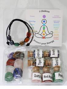 Set de 15 piezas de piedras de cristal de chakra naturales, incluye piedras naturales enrolladas y piedras trituradas, adecuado para hacer pulseras de meditación y manualidades de regalo