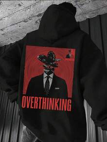 sweat-shirt à capuche imprimé de caractères et de lettres pour hommes grande taille, automne/hiver, Top à manches longues - Noir - Voir 1