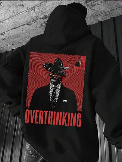 Plus Size Men's Character & Letter Print Hoodie Sweatshirt, Fall/Winter, Long Sleeve Top