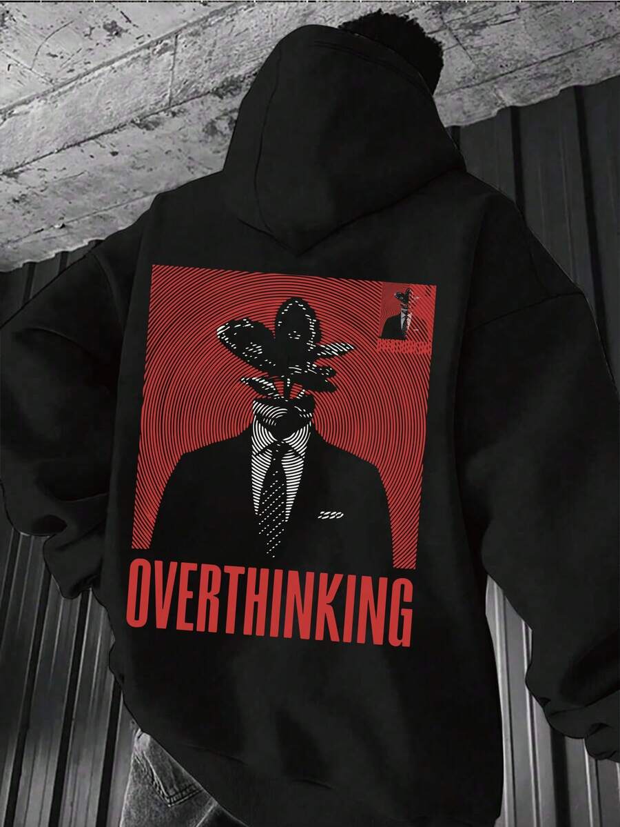 sweat-shirt à capuche imprimé de caractères et de lettres pour hommes grande taille, automne/hiver, Top à manches longues - Noir - Voir 1