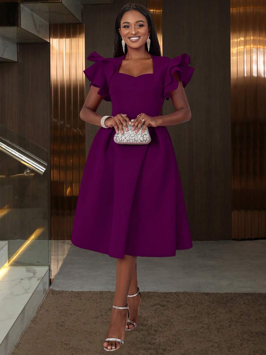 Women's Sweetheart Neck Ruffle Hem Flare Skirt, Suitable For Parties, Graduations, Back To School Occasions, Paired With Bell Sleeves