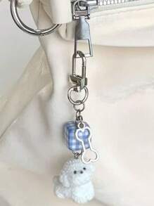 1pc Unisex Cute Cartoon Flocked Little White Dog Keychain, Adorable Bone And Blue&White Beads Accessory For Student, Phone Case, Bag Pendant Car Accessories Bag Charm Backpack For School