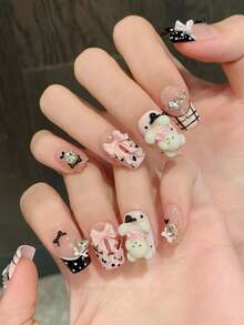 10PCS Short Coffin Handmade Press On Nails For Party And Daily Wear,Pink Color,Pink Nails,Pink Bow.Balloon Bear,Short Nails,Easy To Wear10pcs Y2K Handmade Press On Nails,Shining Bright , Summer Nails,Suitable For Girls And Women Festivals Parties And Daily Wear.Have A Size Map, You Can Choose A More Suitable Size Before Buying, To Avoid Buying The Wrong Size.Summer Nails Nail Supplies - Pink - View 4