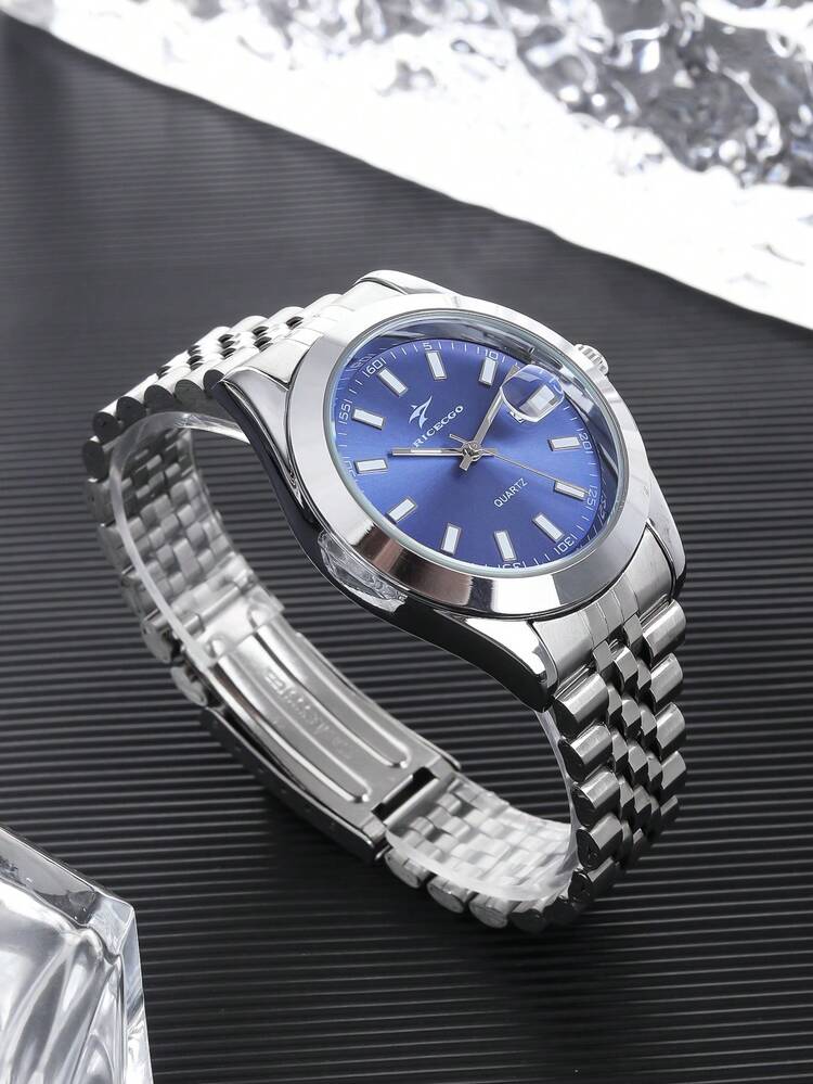 Reloj de cuarzo clásico para hombres RICECGO, estilo de negocios, esfera redonda, función de calendario, correa de acero inoxidable, adecuado para uso diario, un regalo ideal para cumpleaños u ocasiones especiales, también un reloj asequible para volver a la escuela - Plateado - Añade 6