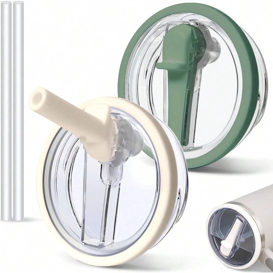 2 PCS 40oz Spill Proof Tumbler Flip Straw Lid For Cup, Leak Proof Tumbler Lid Replacement Fit For , Reusable Tumbler Cover 40oz Cup Accessories - cream+dark green - 查看 1