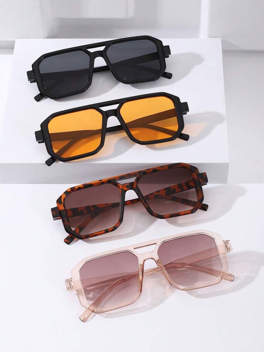 4pcs Retro Square Frame Aviator Dual-Bridge Fashion Eyeglasses, Daily Wear - Multicolor - View 1