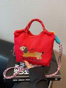 可爱刺绣帆布水桶包，女士时尚防水尼龙单肩托特包，狗狗刺绣图案女士手提包，带可拆卸肩带 - 彩色 - 查看 11