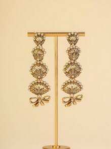 1 Pair Luxurious Gold-Tone Layered Fan-Shaped Earrings With Bow Accent, Featuring European & Middle Eastern Style, Pearl & Diamond Decor, Exotic Charm
