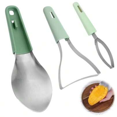 3in1 Mango Cutter Tool Stainless Steel Multifunctional Fruit Slicer Mango Peeler Splitter Corer Pit Remover For Watermelon Dragon Fruit Papaya Avocado Kiwi Kitchen Gadgets