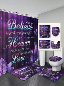 1/4 pièces Rideau de douche avec papillon violet de la Saint-Valentin, ensemble de salle de bain, rideau de douche avec motif floral et citations inspirantes, galaxie (avec tapis), rideau de douche romantique moderne (avec ensemble de tapis de bain et 12 crochets), décoration et accessoires de salle de bain, retour à l'école