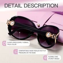 A Pair Of Women's Fashion Simple Pearl Fox Head Frame Decorative Glasses, With Purple Glasses Case, Vintage Suitable For Holiday Gifts - 黑色框灰色鏡片 - 查看 6
