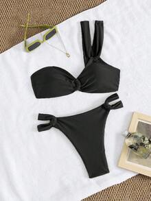 2 pezzi Bikini da donna elegante e sexy a tinta unita con design asimmetrico