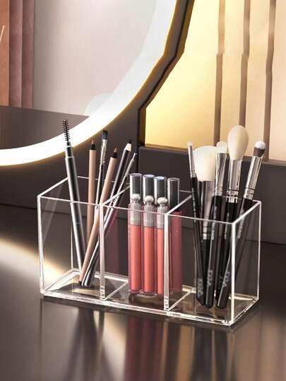 1PC Clear Makeup Brush Holder, Transparent Desktop Vanity Organizer For Lipsticks, Eyebrow Pencils, Skincare Products, Compact Cosmetic Storage For Bathroom And Bedroom