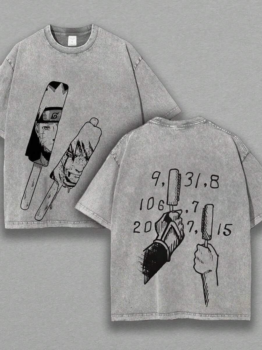 230g Double-Sided Washed, Meet To Eat Ice Root Printed T-Shirt, High-Quality Wax Printed Cotton Retro Fashion Brand T-Shirt, Men's T-Shirt, Beach Essential, Summer T-Shirt, Holiday Gift, Perfect Gift - 深灰色 - 查看 1