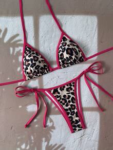 Women's Backless Leopard Print Patchwork Bikini Set (Top And Bottom), Casual Summer - Rose Red - View 2