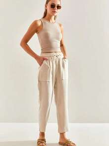 BIANCO LUCCI 女士纯色系腰带口袋宽松亚麻七分裤