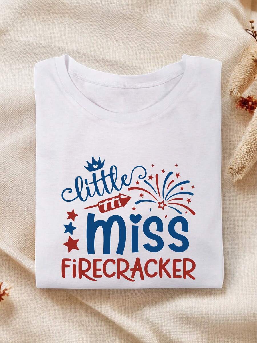 Little Miss Firecracker Shirt, 4th July T-Shirt, Family Reunion Tee, Family Trip Tee, Patriotic Girl Shirt SSN-1754 - 白色 - 查看 1