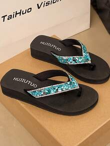 1 paire de tongs à talon compensé avec sequins bohèmes brillants pour femmes, vêtements de plage et d'extérieur pour l'été - Noir - Voir 3