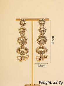 1 Pair Luxurious Gold-Tone Layered Fan-Shaped Earrings With Bow Accent, Featuring European & Middle Eastern Style, Pearl & Diamond Decor, Exotic Charm