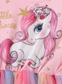 Young Girls' Cute Unicorn Print Patchwork Colorful Mesh Dress With Ruffle Sleeves, Round Neck, Fashion Princess Party/Holiday/Casual Wear - Pink - View 5