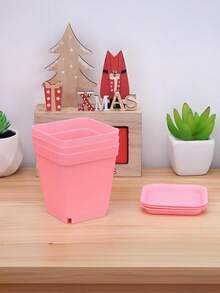 [休闲风格] 方形塑料花盆带托盘方形塑料带排水孔适用于室内和室外休闲风格方形植物育苗盆，多色小型移栽花盆适用于室内室外、多肉植物、办公室家庭花园和阳台装饰