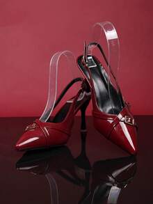 1 双女童勃艮第高跟凉鞋，纯色亮面材质，金属扣装饰，尖头细高跟坡跟鞋，适合派对、购物、旅行、夏季 - 酒紅色 - 查看 3