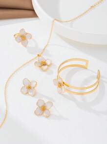 1 Stück romantisches, zierliches Resort-Stil Weißes Öltropfen Vierblatt Blume Anhänger Halskette, 1 Paar Ohrringe, 1 Ring, 1 Armband, Schmuckset für Frauen geeignet für Dates/Alltag