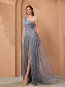 单肩不对称胸部褶皱腰镂空开叉下摆网眼长连衣裙 - 淺灰紫 - 查看 4