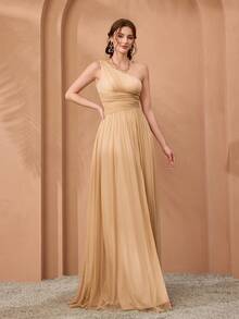 不对称单肩褶皱胸围、镂空腰部开衩超长连衣裙，带网眼细节 - 杏色 - 查看 5