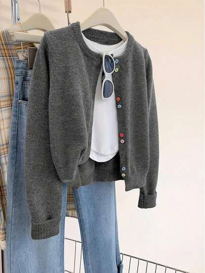 Plus Size Women Colorful Button Casual Long Sleeve Crew Neck Cardigan Sweater, Autumn/Winter Holiday Party Tops Gray Sweater