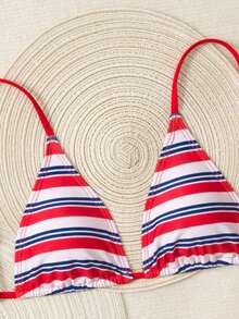 2026 New Fashion Women's Red & Blue Striped Print Bikini 3-Piece Swimsuit Set, Beach Holiday Outfit, Conservative Design To Prevent Exposure, Casual For Valentine's Day - Multicolor - View 5