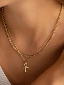 2pcs Fashionable & Versatile Cross Layered Necklace Set - Gold - View 6
