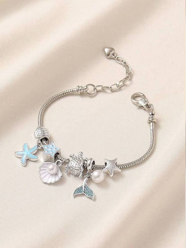 1 pièce Bracelet fait main DIY à la mode et unique avec des strass, des coquillages, des étoiles de mer, de faux perles, des étoiles, des queues de baleines et des tortues comme charms pour femmes. Chaîne en cuivre réglable et amovible, parfait pour la plage, les vacances, les fêtes, le casual et l'usage quotidien, ou comme cadeau.